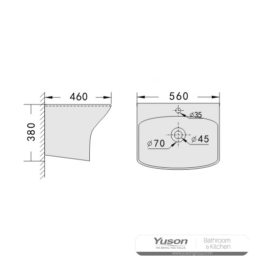 YS26636 セラミック製壁掛け洗面器、一体型トーテム洗面器。